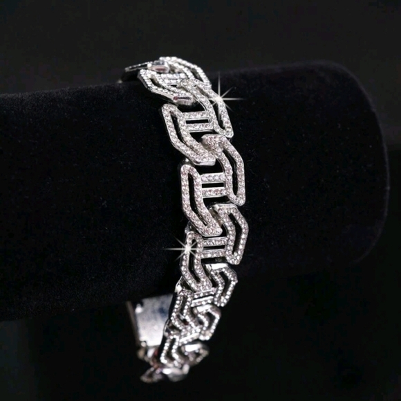 Elegant Iced Out Fully Rhinestone Figaro H-shape Silver Chain Necklace 22" - Picture 4 of 11